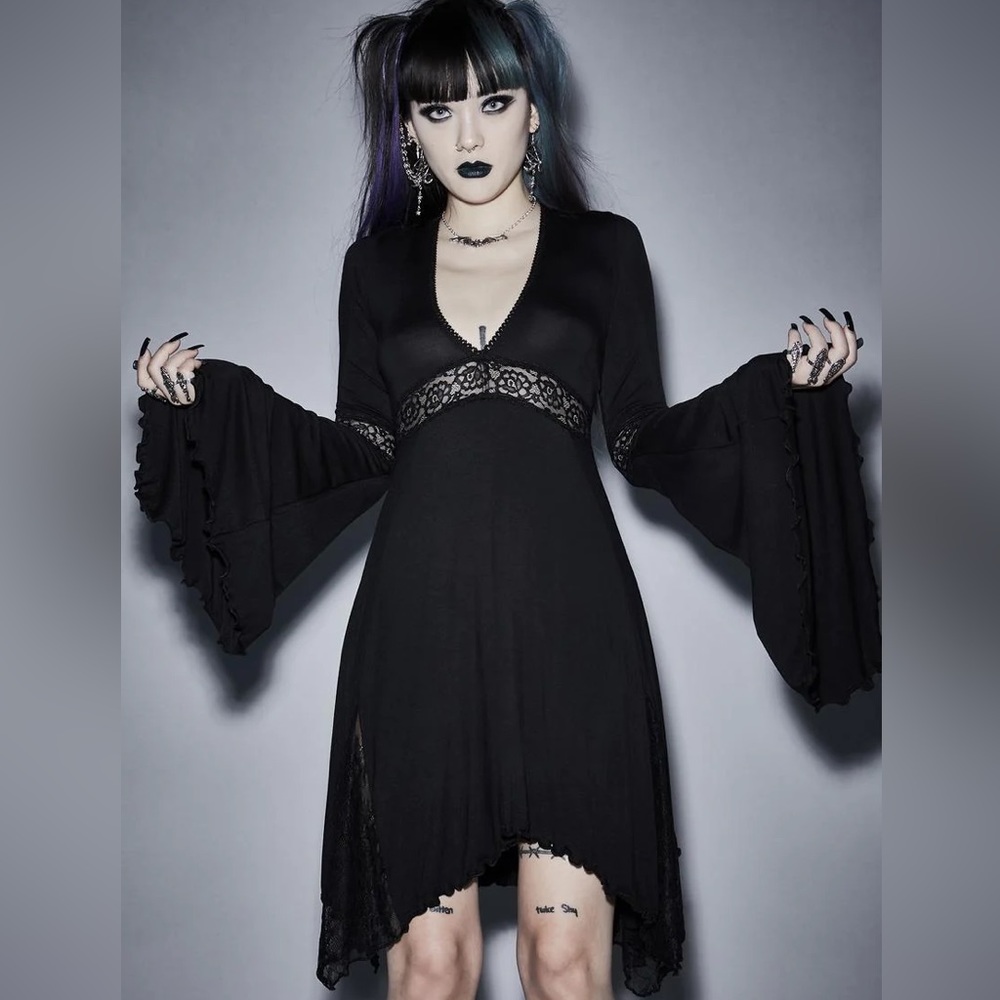 Dolls Kill Widow Black Bell Lace Sleeve Goth Dress